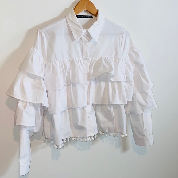 White Button Down Tiered Ruffle Collared Top by Haute Rouge Size L - Picture 4 of 8